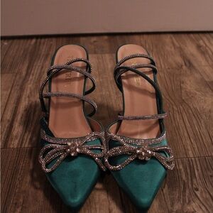 Green Pointed Rhinestone Bow Lace Up Heels